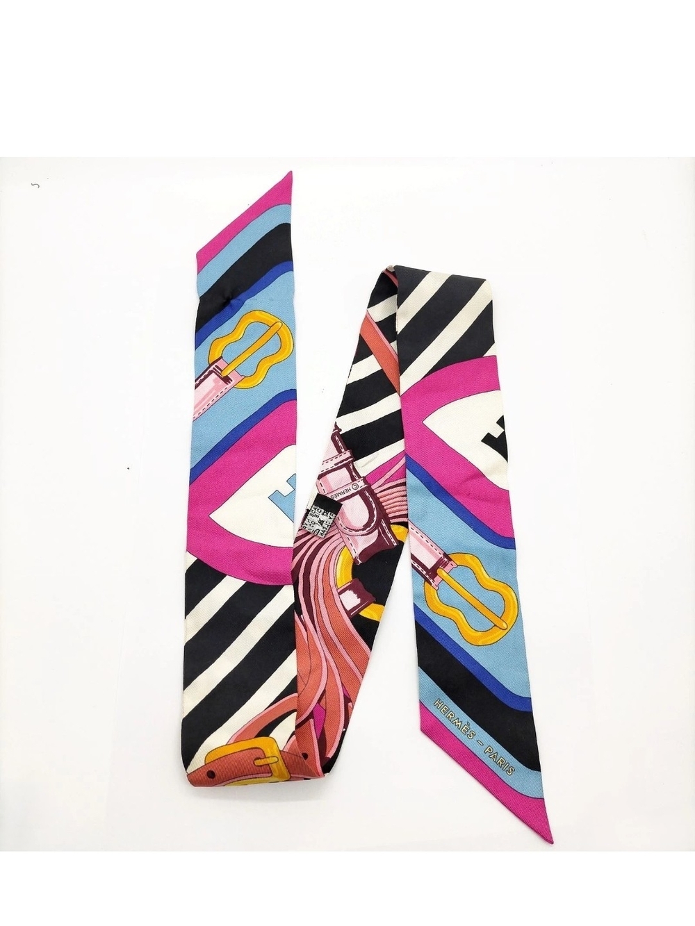 Hermes Multicolor Silk Twilly Scarf in Pink, Blue & Black